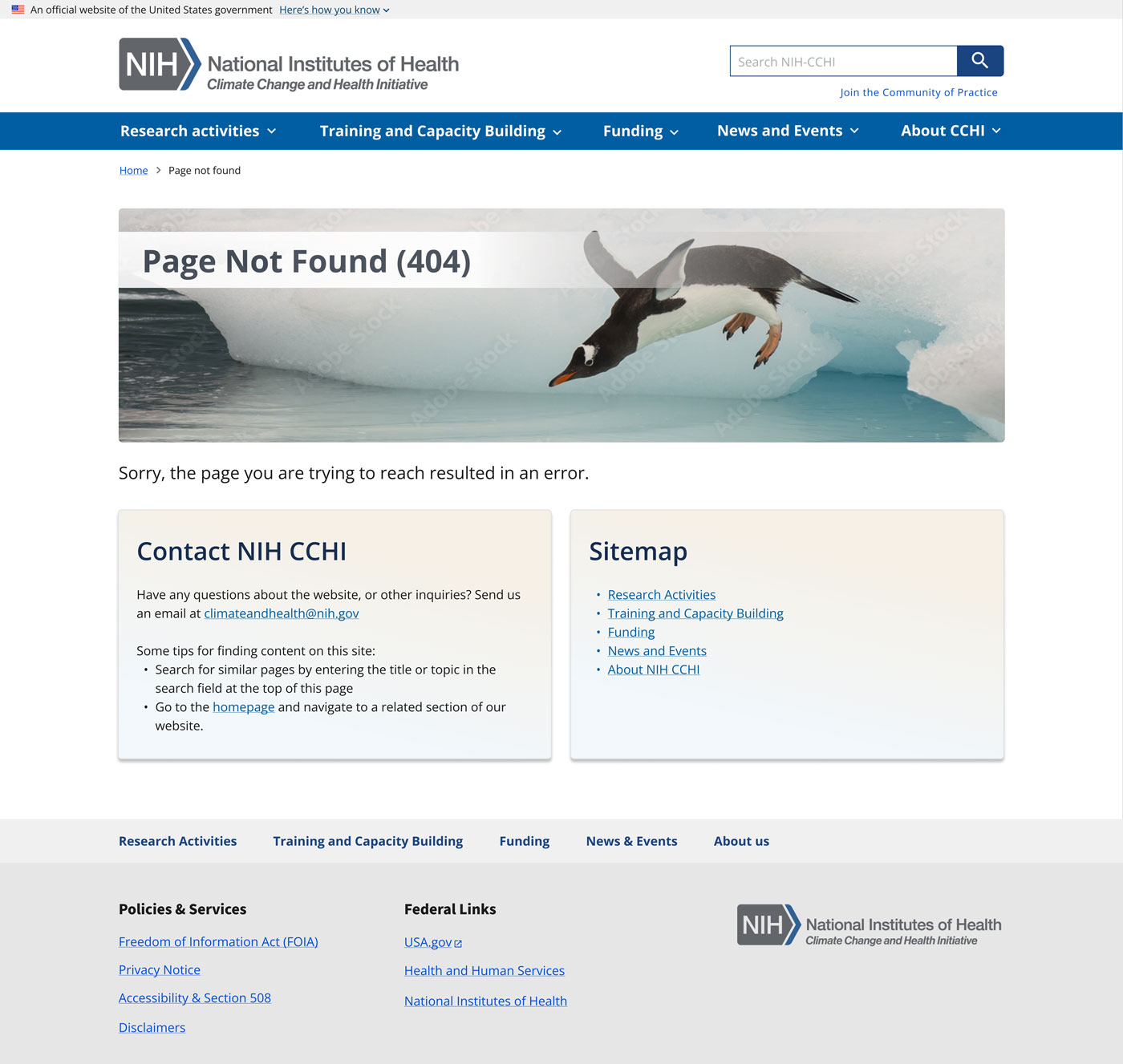 Screenshot of the HHS Climate and Health Program website 404 error page showing clear messaging, navigation options, and accessible layout for users who reach a missing or broken page.