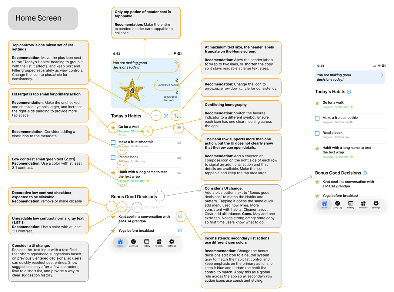 UX audit board of iOS habit tracker app